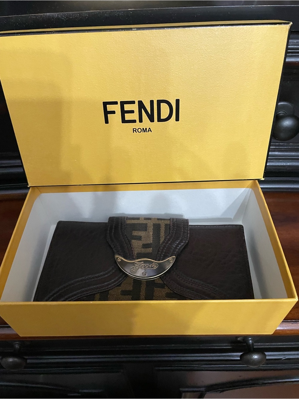 Fendi Brown Leather and Zucca Canvas Continental Wallet with Gold Plaque - Picture 13 of 13